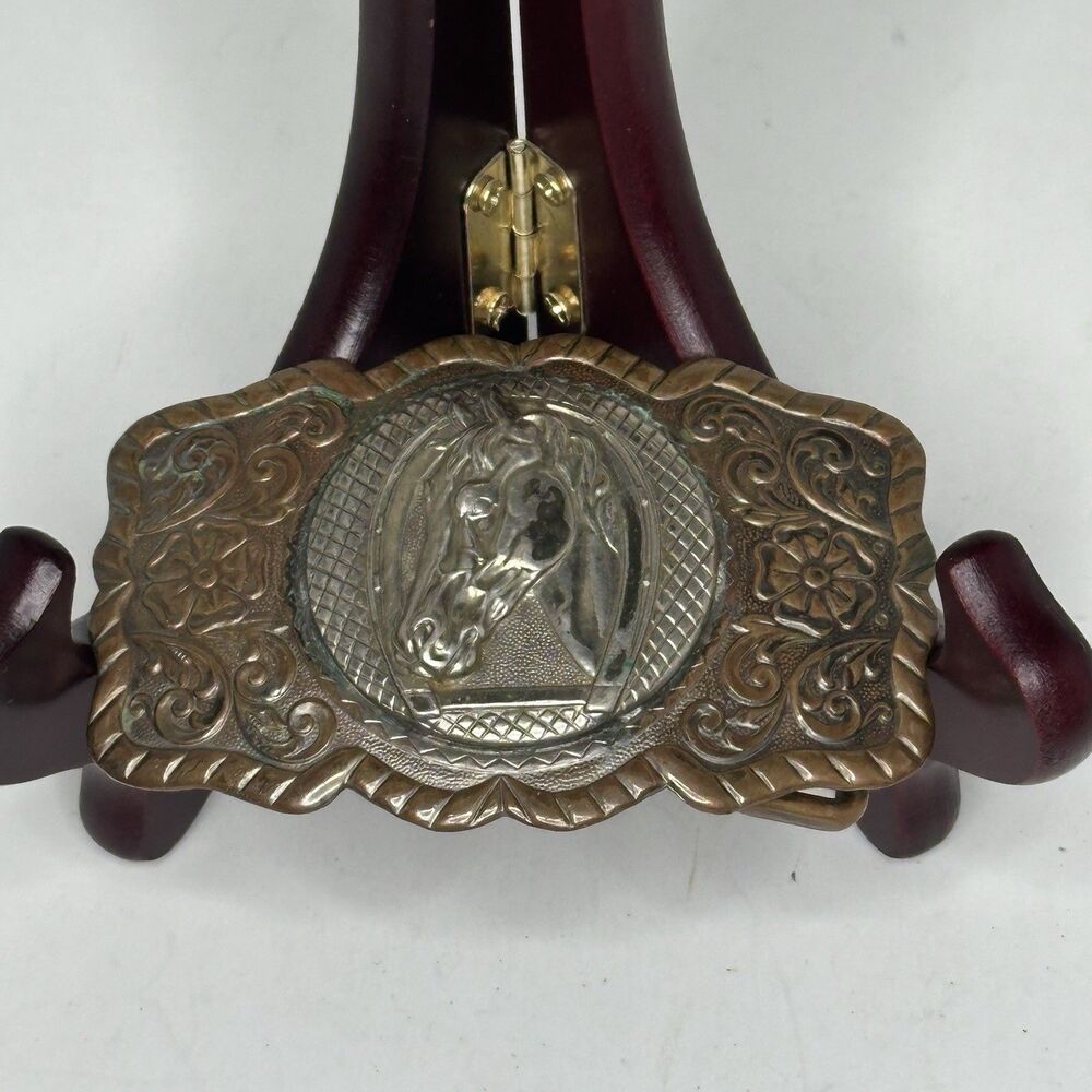 Vintage Copper Bell Horse Head Belt Buckle Western Equestrian Cowboy Rodeo